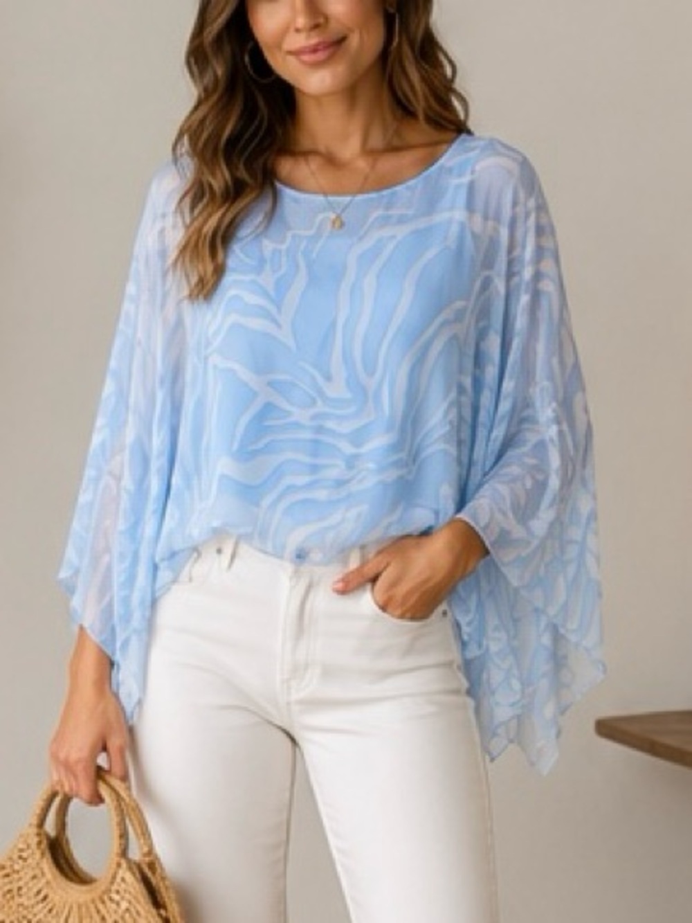 Belle France Blue Abstract Poncho Blouse